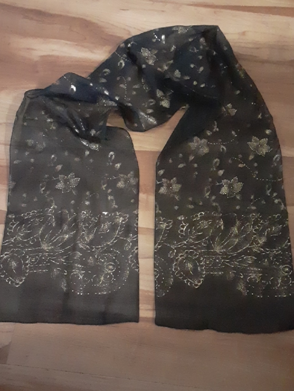 Black Sheer Scarf with Gold Floral Embroidery
